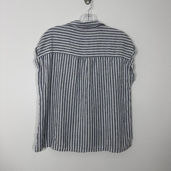 Orvis Womens S Boxy Blue White Stripe Short Sleeve Linen Blend Button Down - Picture 4 of 4